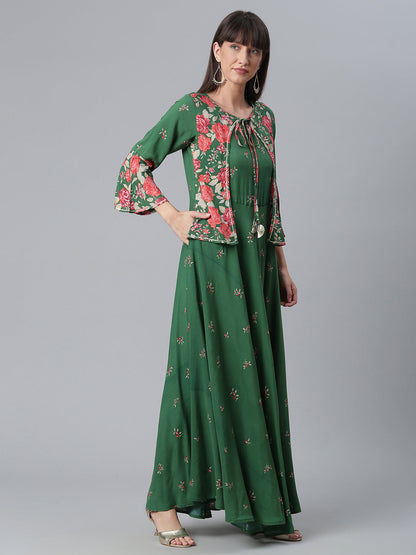 Women's Viscose Rayon Green Floral Wax Printed Kurta