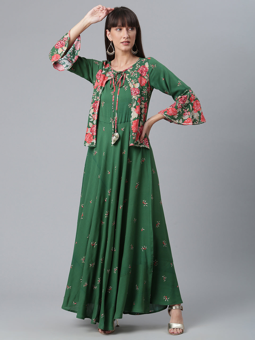 Women's Viscose Rayon Green Floral Wax Printed Kurta