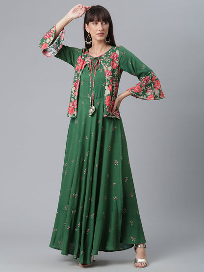 Women's Viscose Rayon Green Floral Wax Printed Kurta