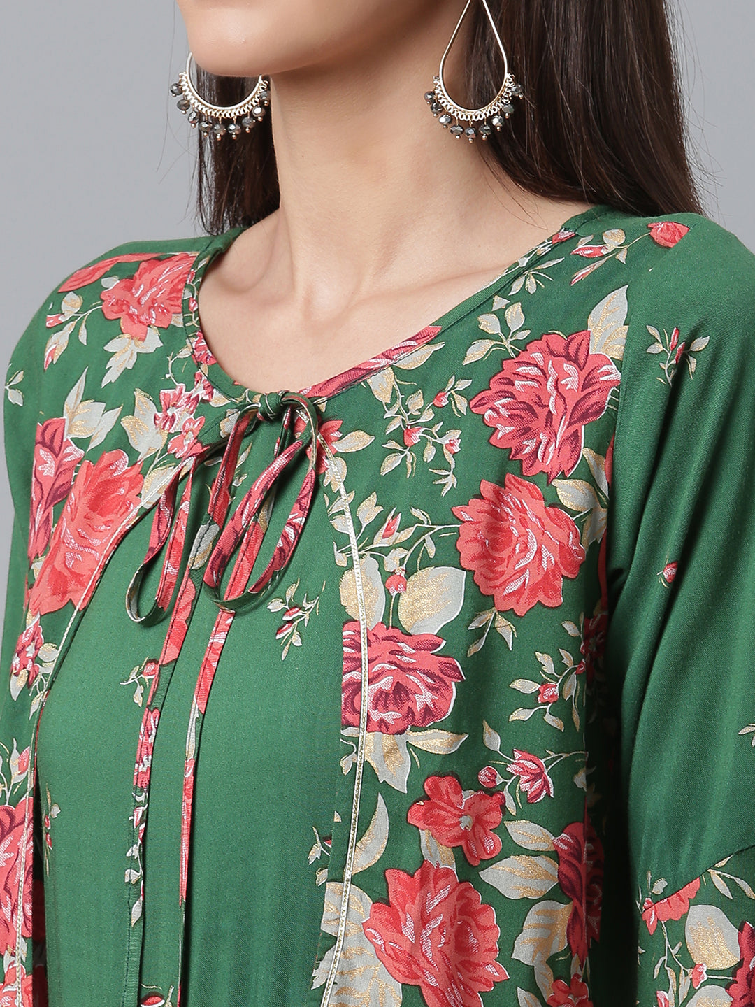 Women's Viscose Rayon Green Floral Wax Printed Kurta