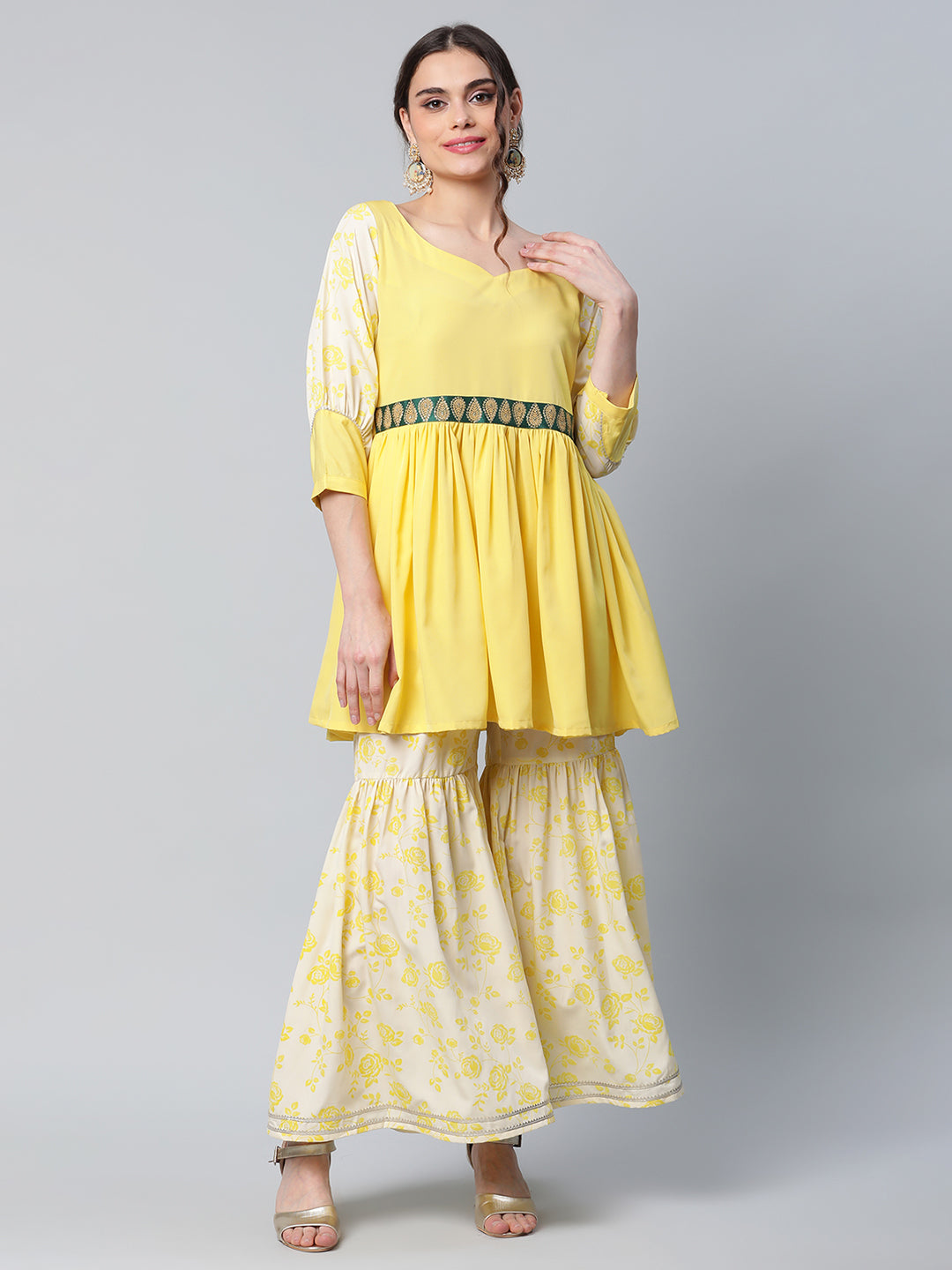 Women's Yellow Crepe Floral Short Kurta With Sharara Set