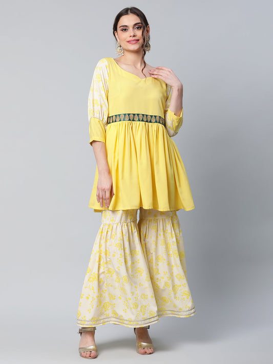 Women's Yellow Crepe Floral Short Kurta With Sharara Set
