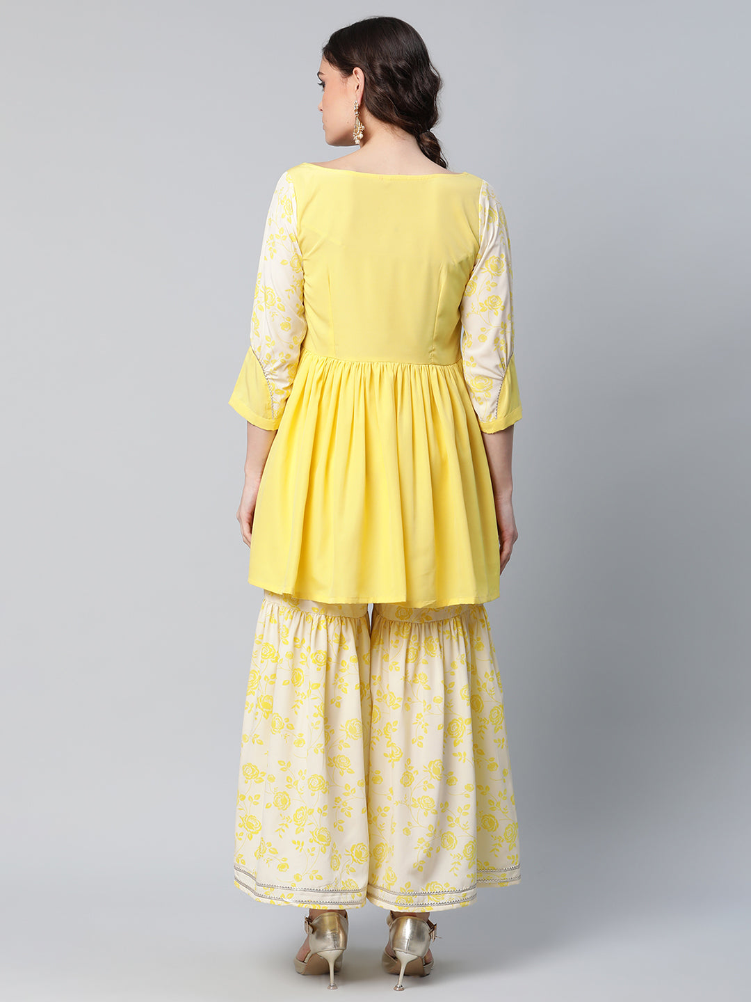 Women's Yellow Crepe Floral Short Kurta With Sharara Set