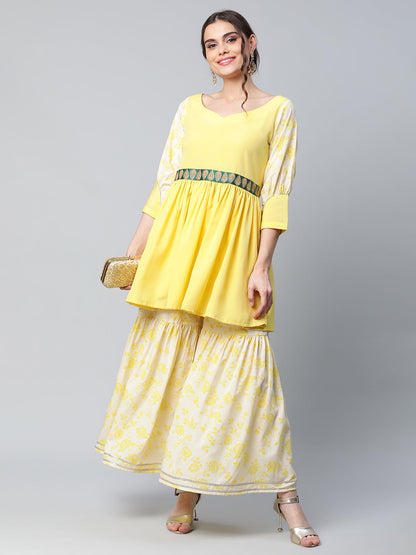Women's Yellow Crepe Floral Short Kurta With Sharara Set