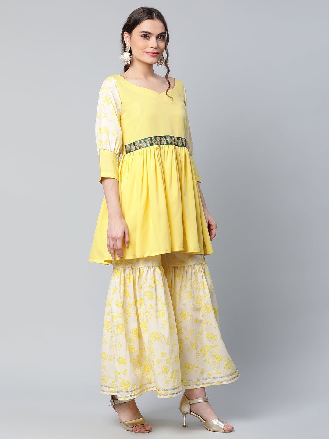Women's Yellow Crepe Floral Short Kurta With Sharara Set
