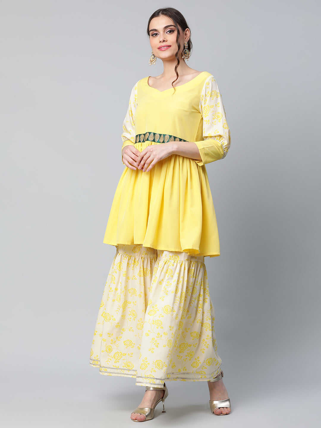Women's Yellow Crepe Floral Short Kurta With Sharara Set