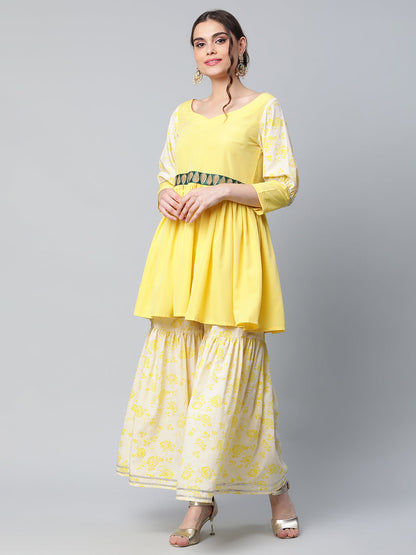 Women's Yellow Crepe Floral Short Kurta With Sharara Set