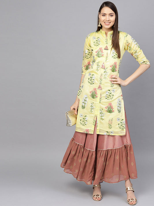 Women's  Yellow Metalic Printed Kurta With Skirt