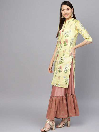 Women's  Yellow Metalic Printed Kurta With Skirt