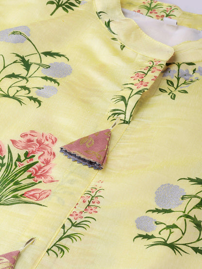Women's  Yellow Metalic Printed Kurta With Skirt