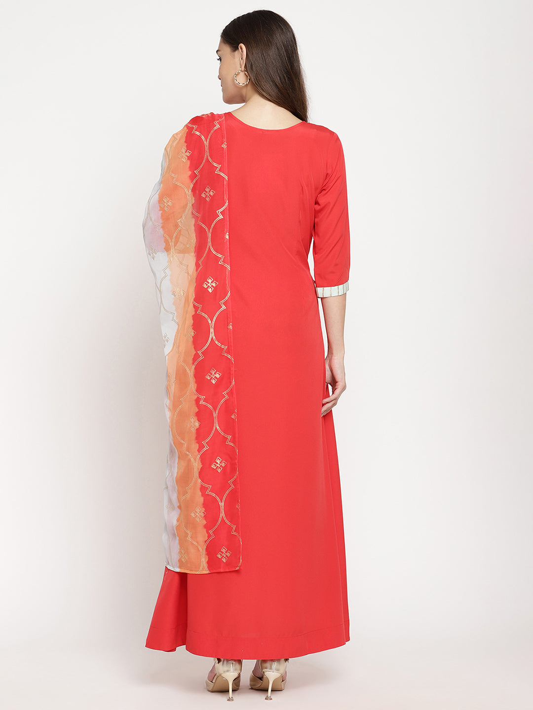 Women's Red Crepe Solid Kurta With Dupatt