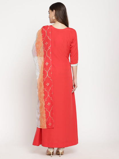 Women's Red Crepe Solid Kurta With Dupatt