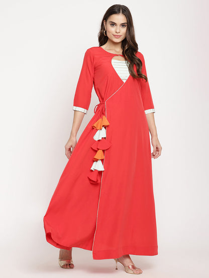 Women's Red Crepe Solid Kurta With Dupatt