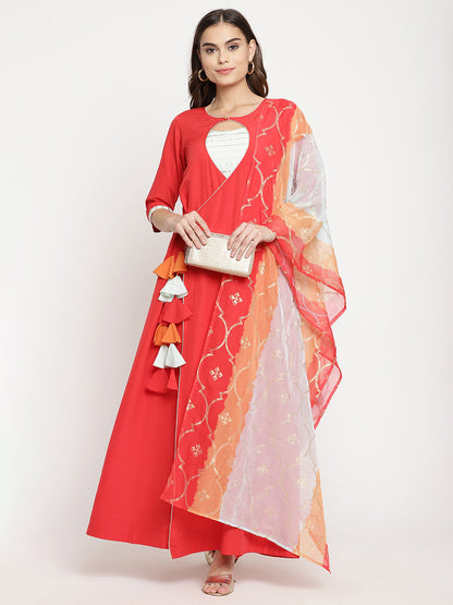 Women's Red Crepe Solid Kurta With Dupatt