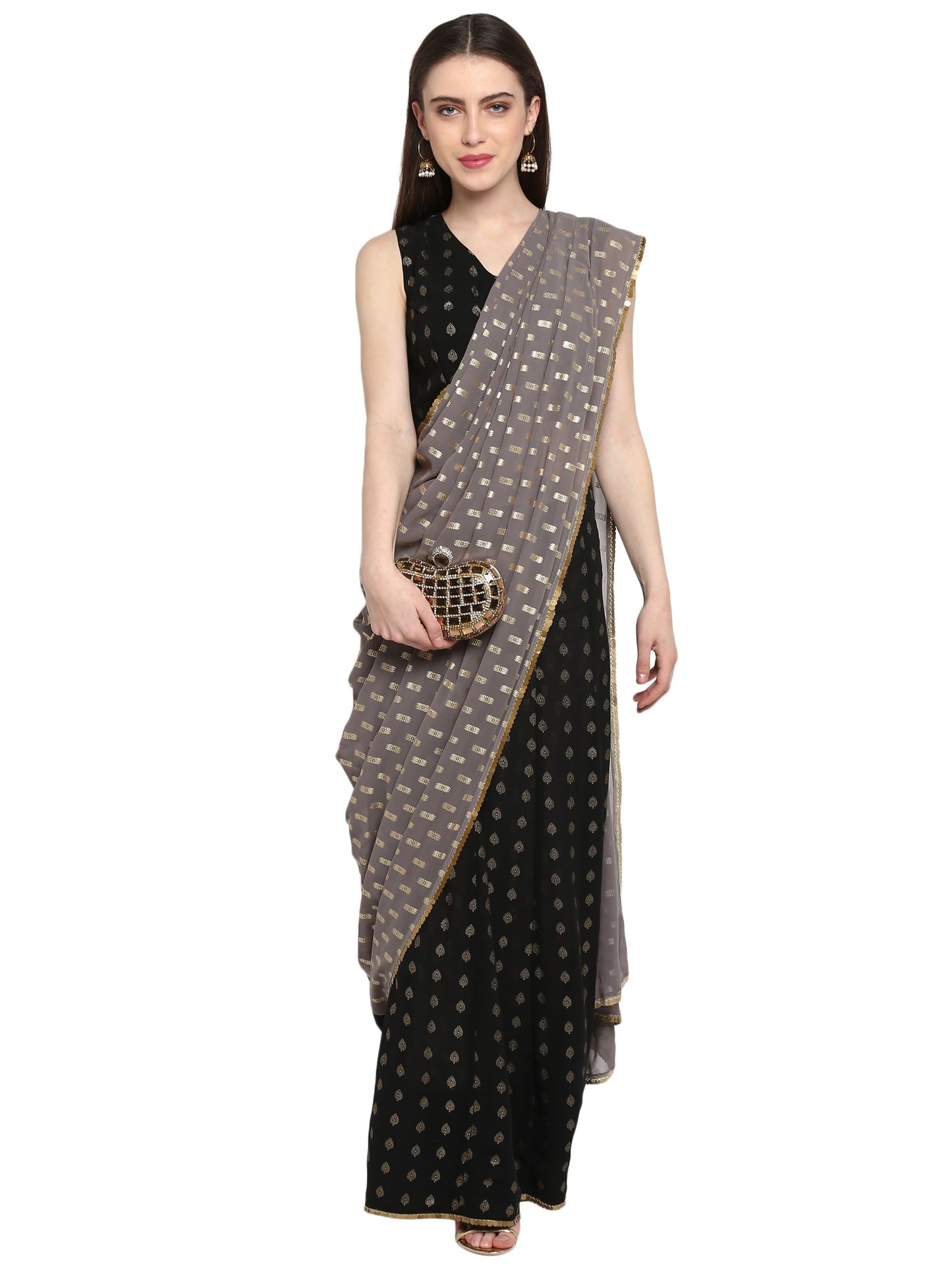 Women's Black Georgette Foil Print Ready To Wear Saree