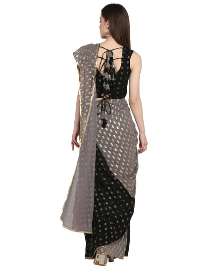 Women's Black Georgette Foil Print Ready To Wear Saree