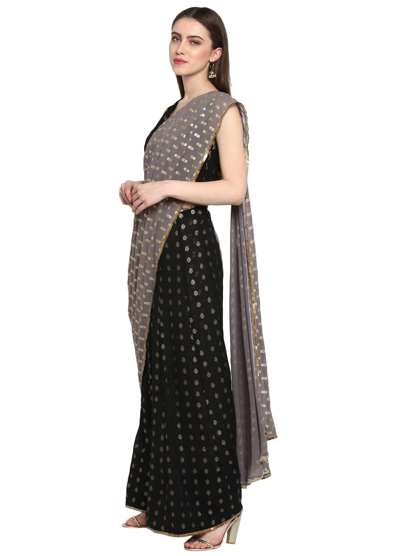 Women's Black Georgette Foil Print Ready To Wear Saree