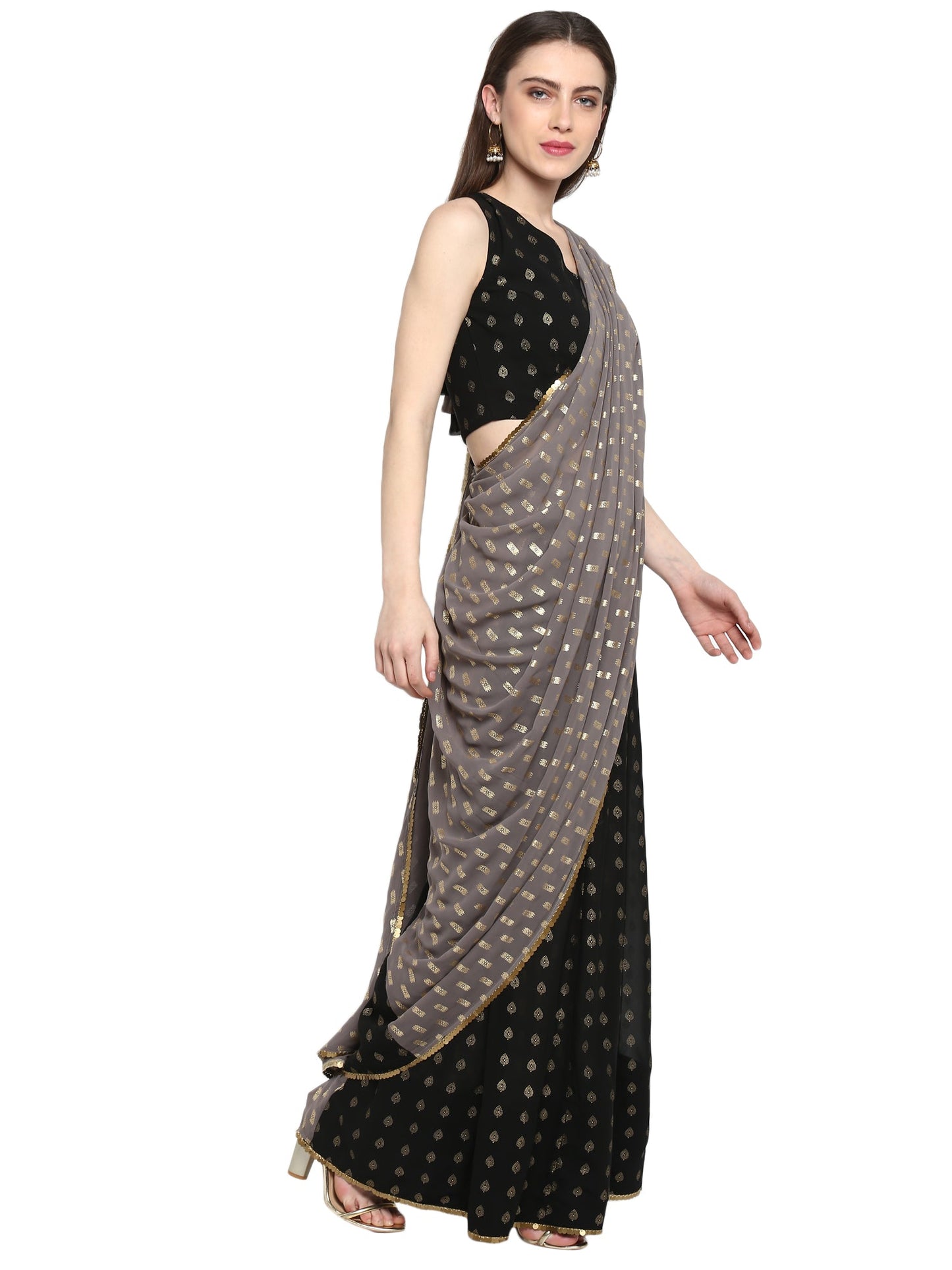 Women's Black Georgette Foil Print Ready To Wear Saree