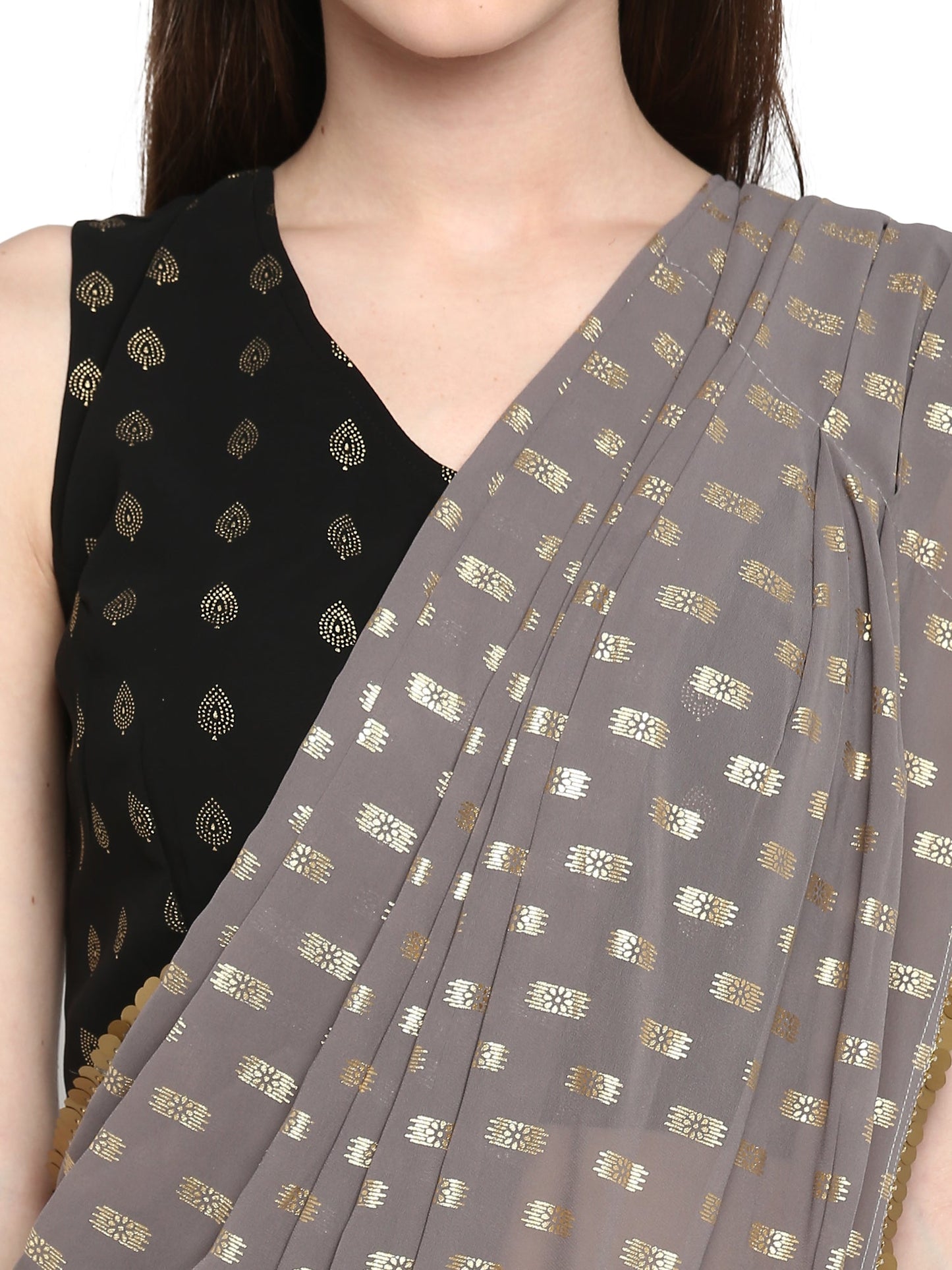 Women's Black Georgette Foil Print Ready To Wear Saree