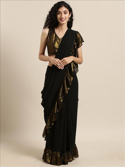 Women's Black Georgette Ruffles Ready To Wear Saree