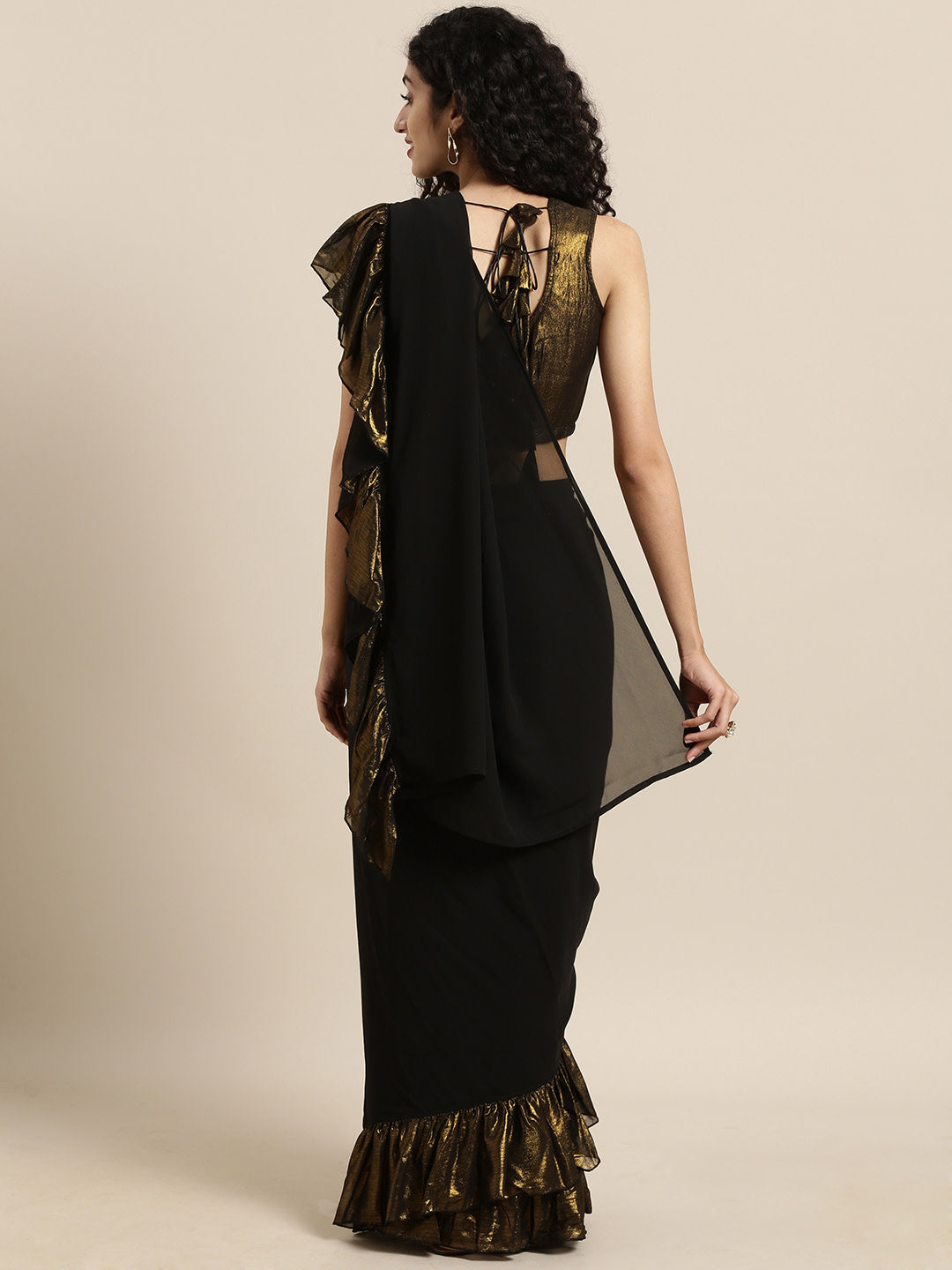Women's Black Georgette Ruffles Ready To Wear Saree