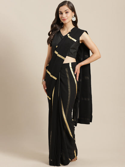 Women's Black Georgette Gold Print Ready To Wear Saree