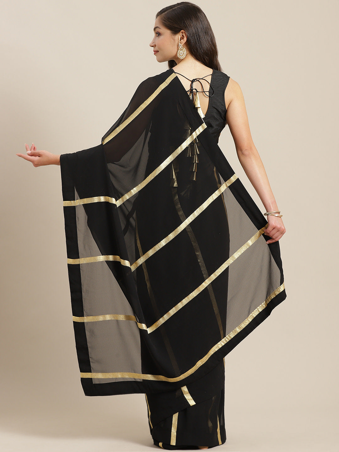 Women's Black Georgette Gold Print Ready To Wear Saree