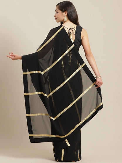 Women's Black Georgette Gold Print Ready To Wear Saree