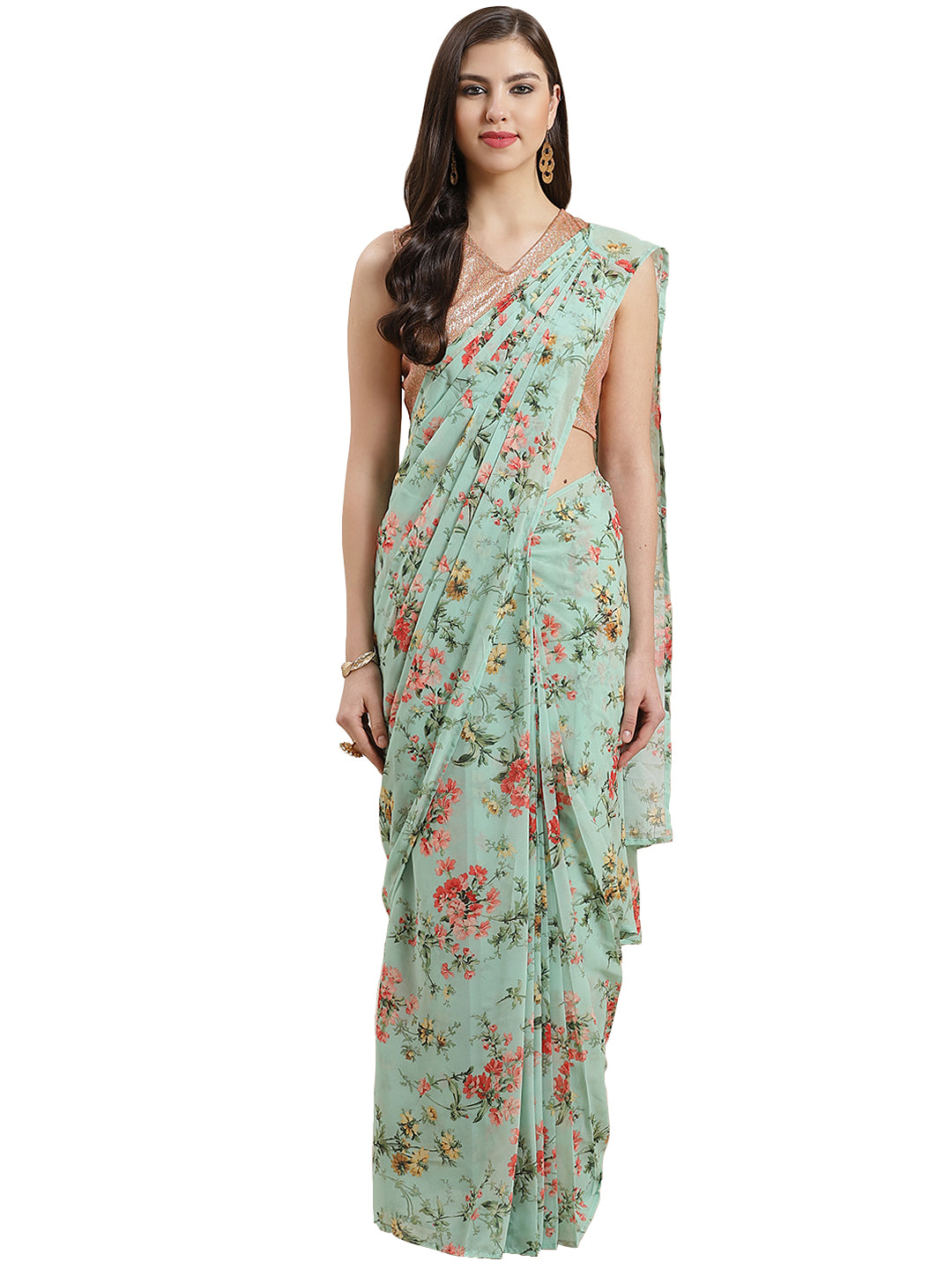 Women's Light Green Georgette Floral Print Ready To Wear Saree