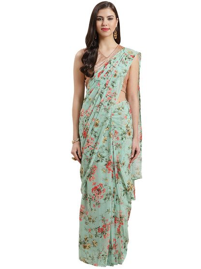 Women's Light Green Georgette Floral Print Ready To Wear Saree