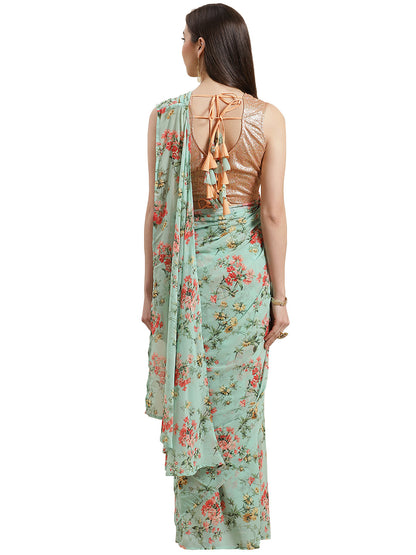 Women's Light Green Georgette Floral Print Ready To Wear Saree