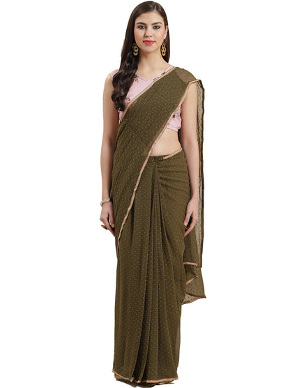 Women's Olive Butta Georgette Ready To Wear Saree