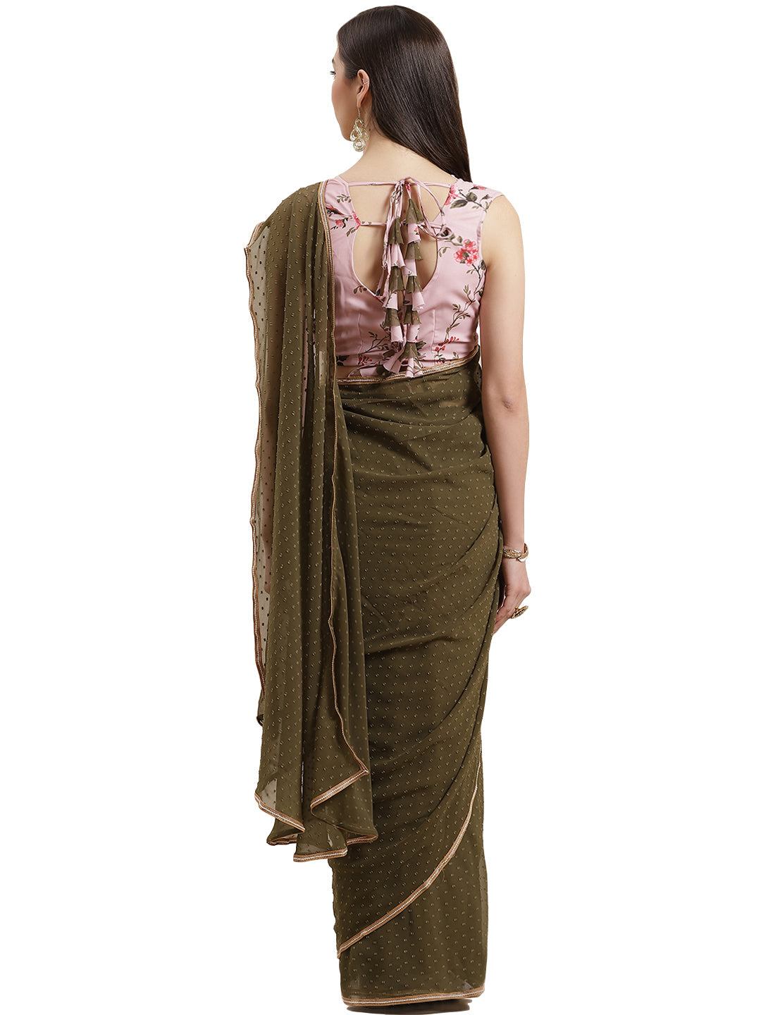 Women's Olive Butta Georgette Ready To Wear Saree