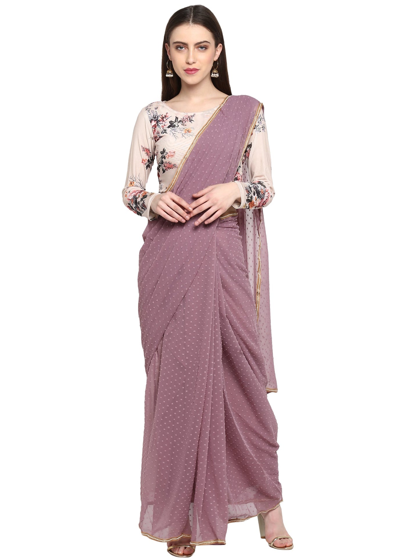 Women's Mauve Butta Georgette Ready To Wear Saree