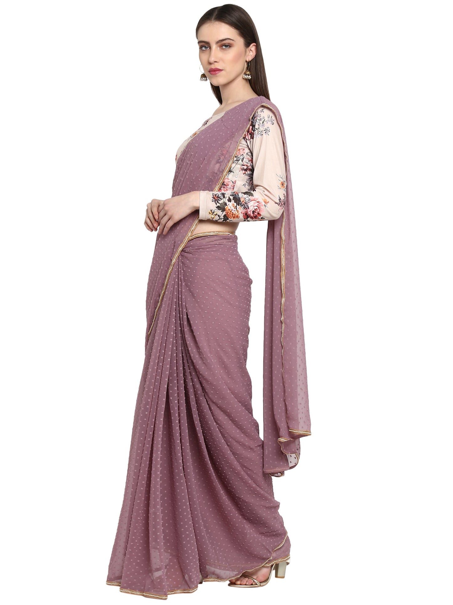 Women's Mauve Butta Georgette Ready To Wear Saree