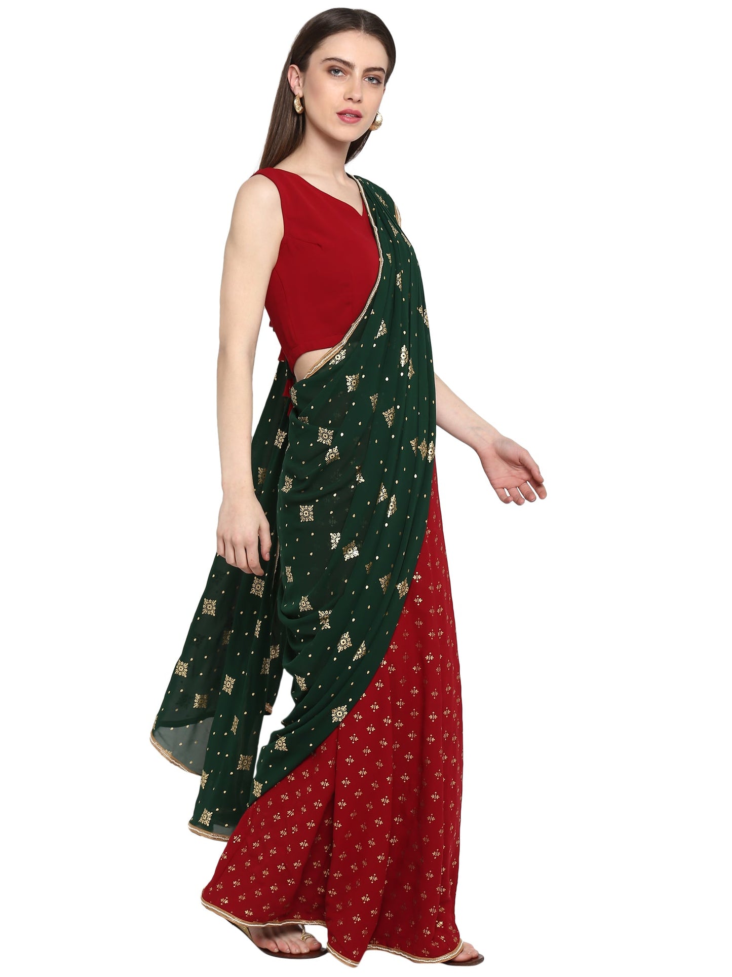 Women's Maroon Georgette Printed Ready To Wear Saree