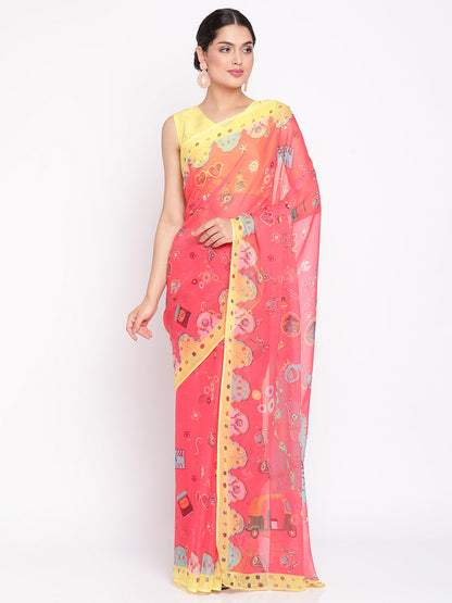 Women's Red Colour Chiffon Digital Print Saree