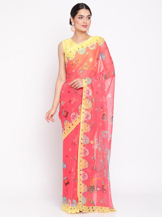 Women's Red Colour Chiffon Digital Print Saree