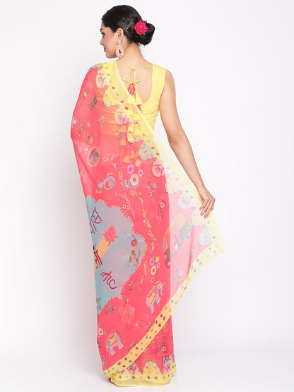 Women's Red Colour Chiffon Digital Print Saree