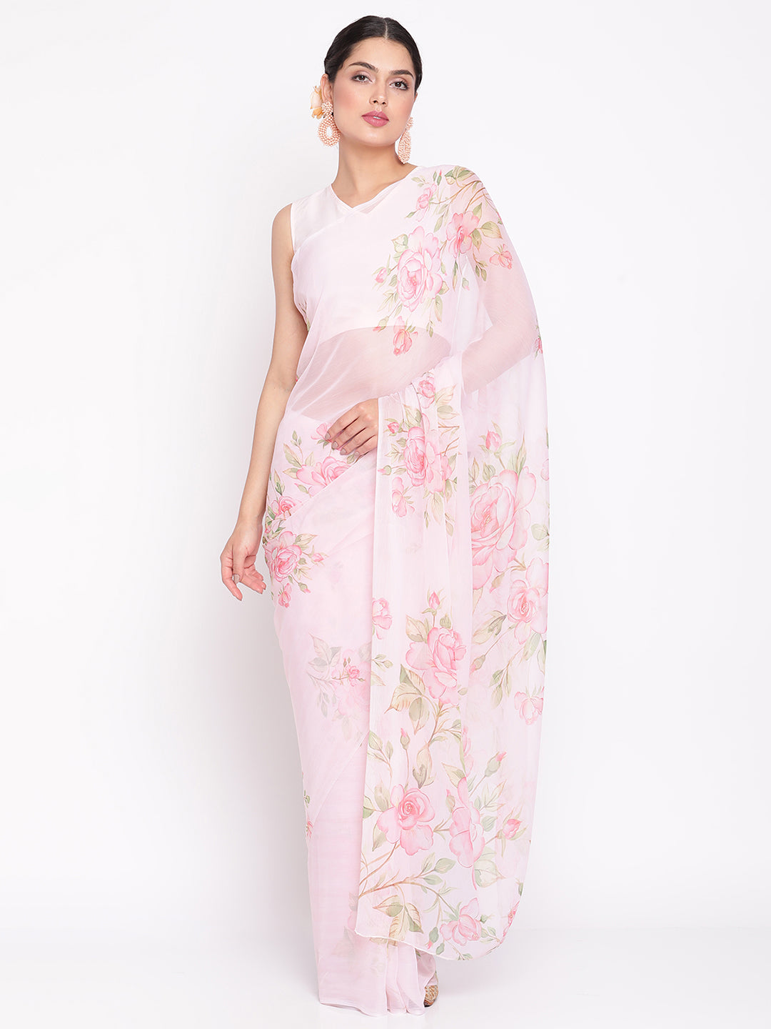 Women's Baby Pink Colour Chiffon Digital Print Saree