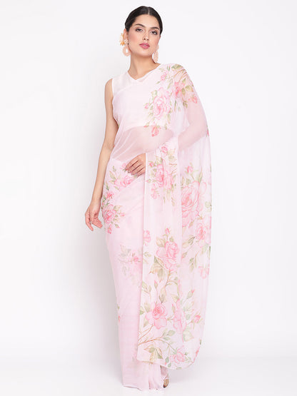 Women's Baby Pink Colour Chiffon Digital Print Saree