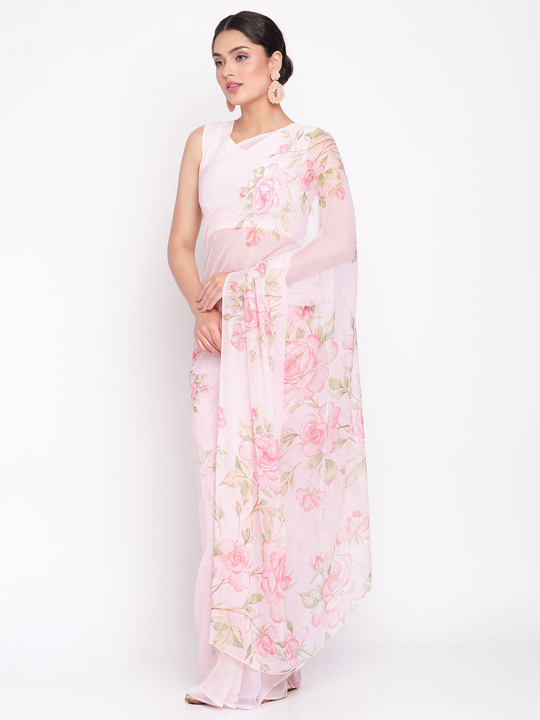 Women's Baby Pink Colour Chiffon Digital Print Saree