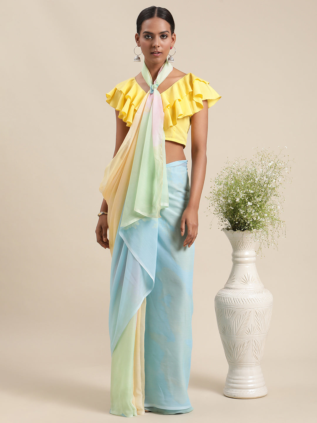 Women's Turquoise Colour Chiffon Digital Print Saree
