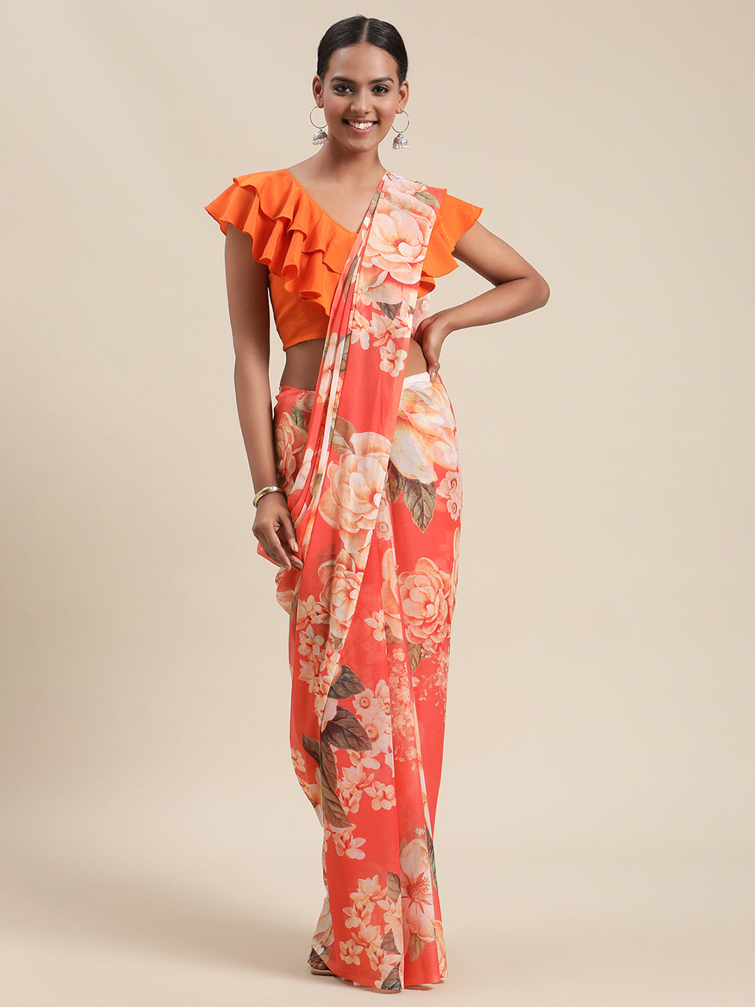 Women's Orange Colour Chiffon Digital Print Floral Saree
