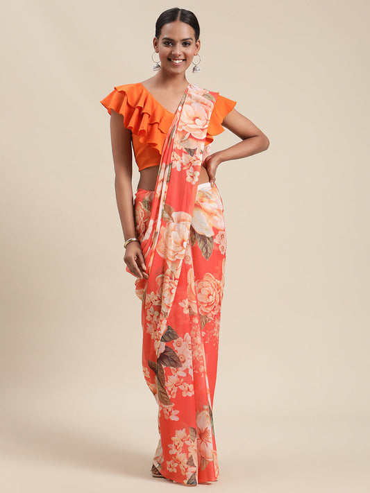 Women's Orange Colour Chiffon Digital Print Floral Saree