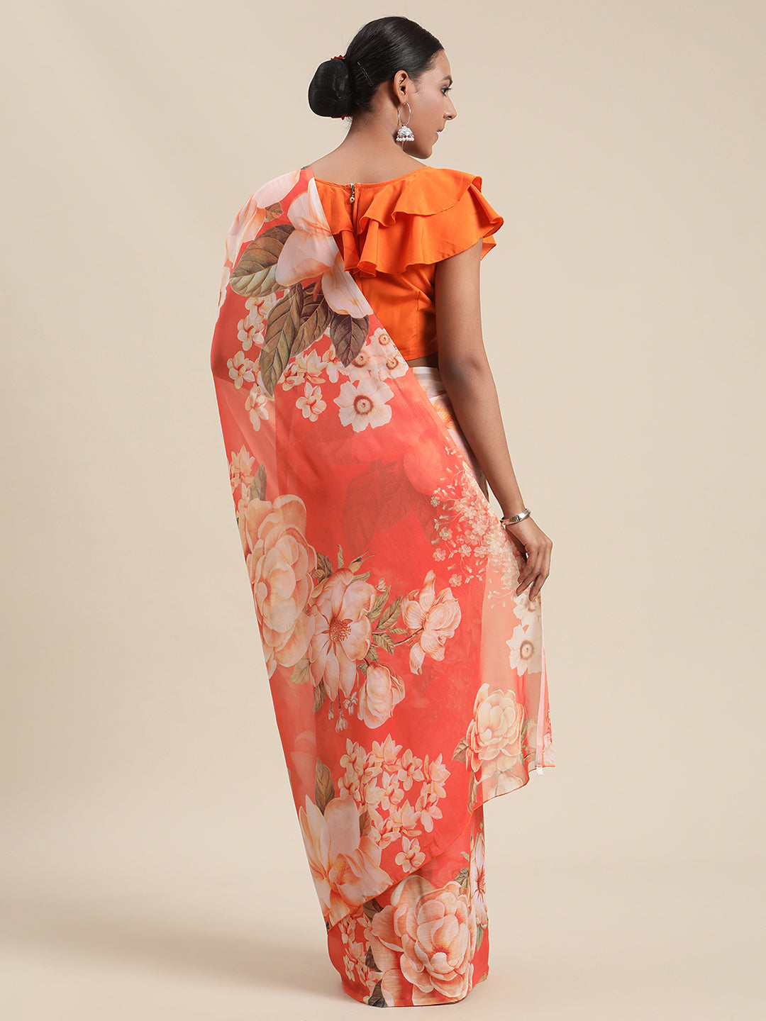 Women's Orange Colour Chiffon Digital Print Floral Saree