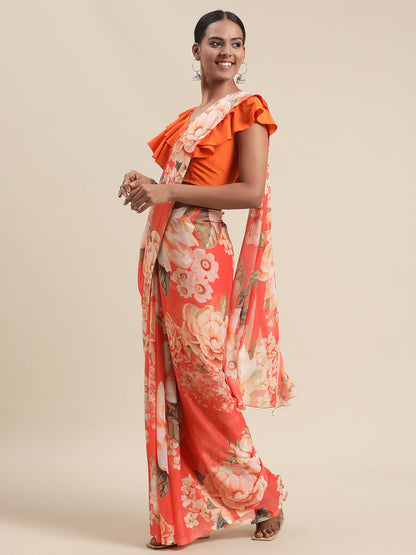 Women's Orange Colour Chiffon Digital Print Floral Saree
