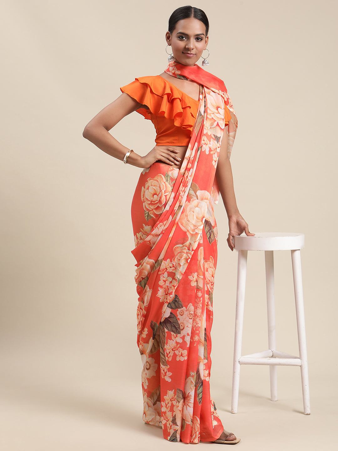 Women's Orange Colour Chiffon Digital Print Floral Saree