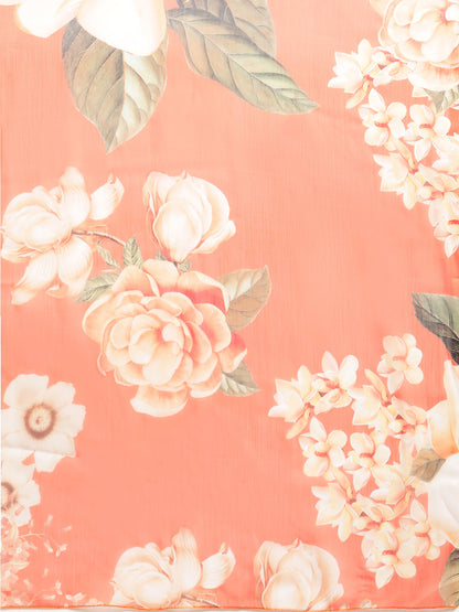 Women's Orange Colour Chiffon Digital Print Floral Saree