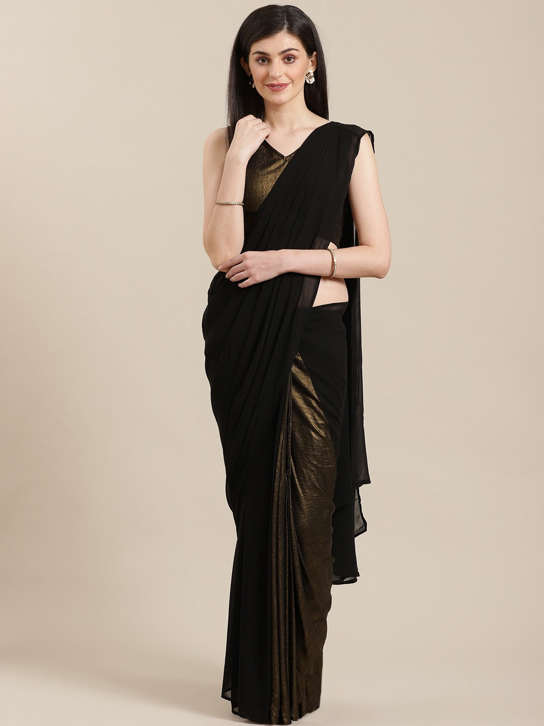 Women's Black Georgette Gold Coated Ready To Wear Saree